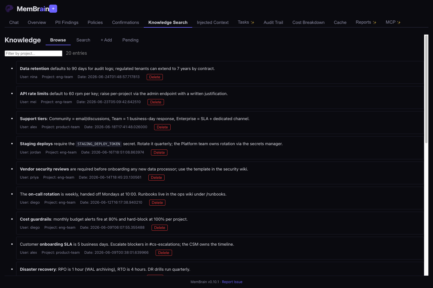 Team knowledge store — browse and search